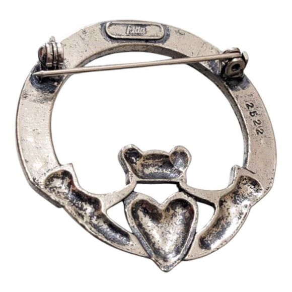 Vintage Claddagh Brooch Green Rhinestones Gold Tone Irish Heart Hands Crown 1.5” - Picture 2 of 3